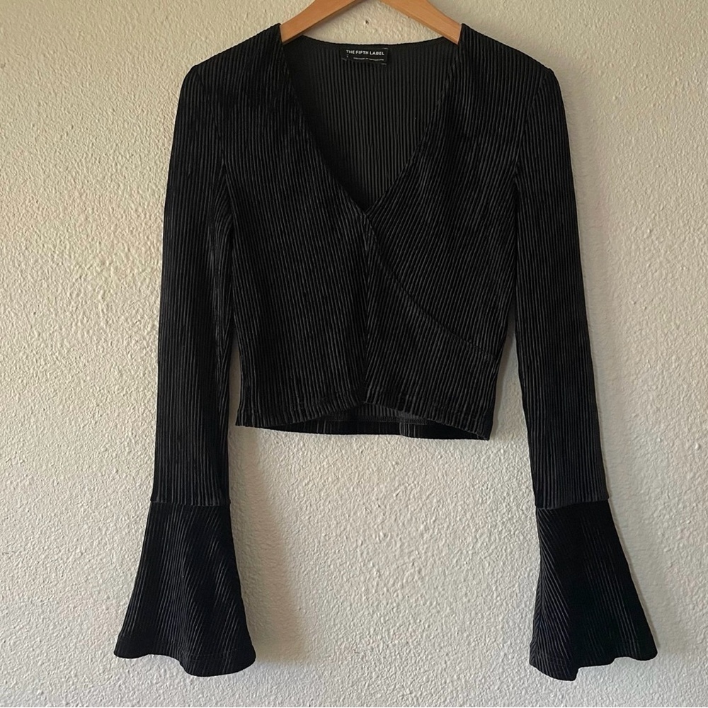 Whimsigoth Fairy Wrap Top Women’s S Black Ribbed Bell Flare Sleeve Velvet Chic